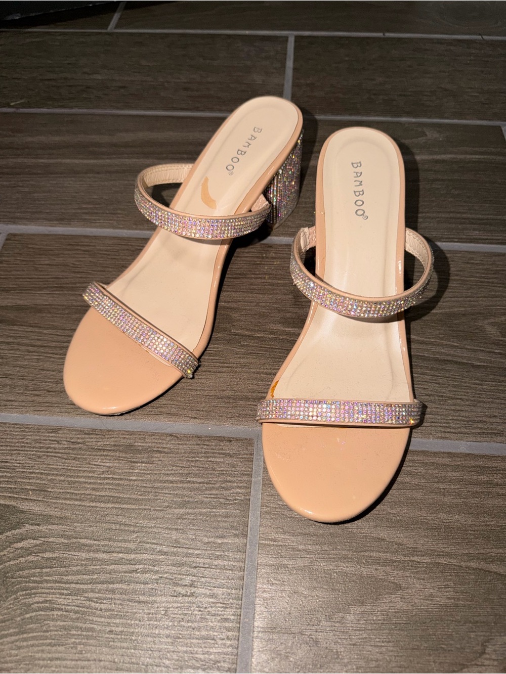 BAMBOO Nude Rhinestone Double-Strap Block Heel Sandals